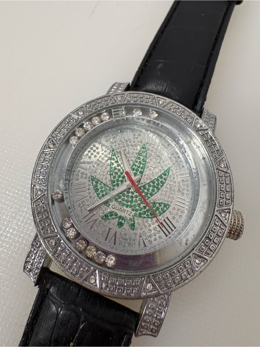 Silver Crystal Leaf Face Watch with Black Strap Works